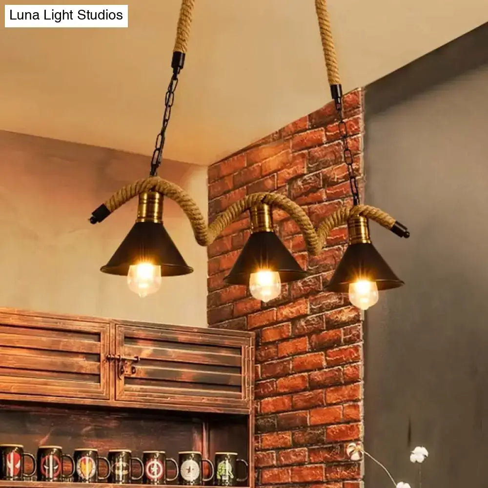 DecorBites™ sleek black spiral rope pendant light with three conical shades, brass accents, and 220v-240v suspension