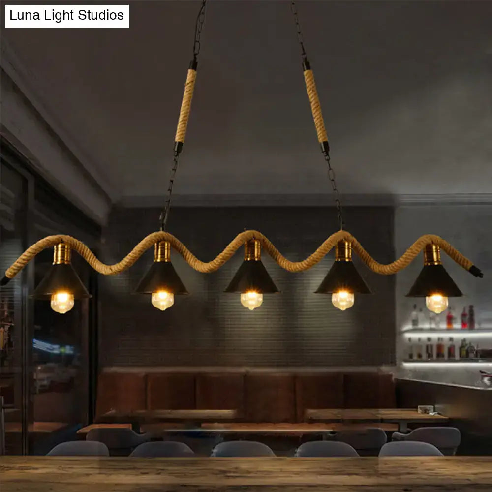 Industrial-style black pendant light with five cone shades and spiral beige rope for 220v-240v loft bar island use