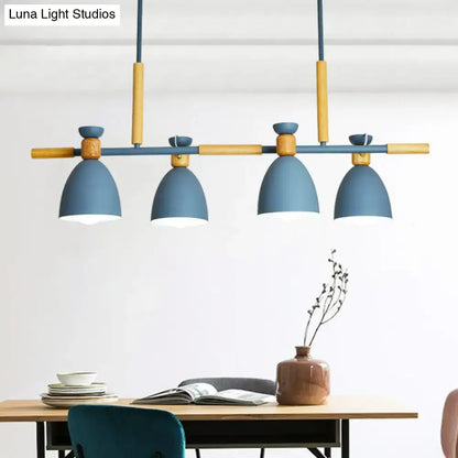 Decorbites sleek dome shade island pendant light with four blue wood dome shades and metallic finish for dining rooms