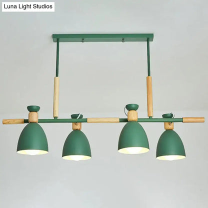 DecorBites sleek green island pendant light with four dome-shaped metal and wood shades ideal for dining rooms