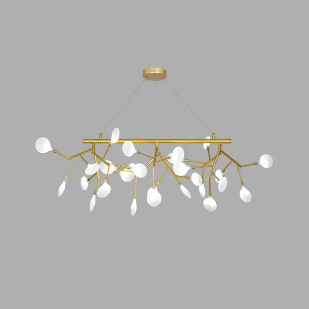 Gold-toned DecorBites™ Sleek Firefly LED dining room pendant light with opal glass globes and cast iron branch design