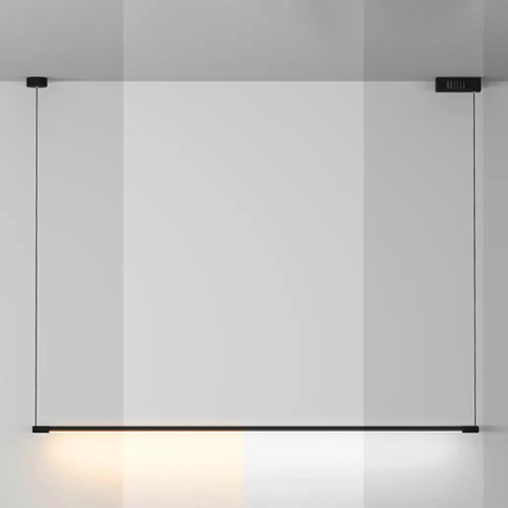 Decorbites™ sleek metal black led island lamp with minimalist frame suspended from ceiling emitting warm glow