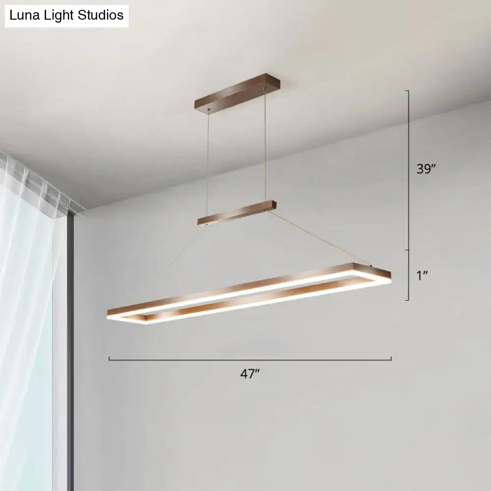 Modern rectangular pendant light with sleek bronze metal frame and integrated led for metal island ceiling lighting