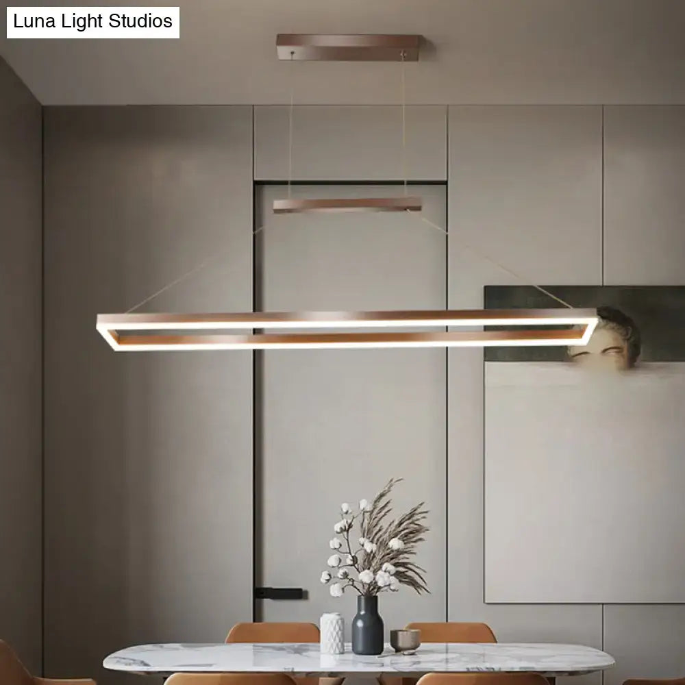 Modern rectangular pendant light with sleek copper metal frame and integrated led for metal island ceiling lighting