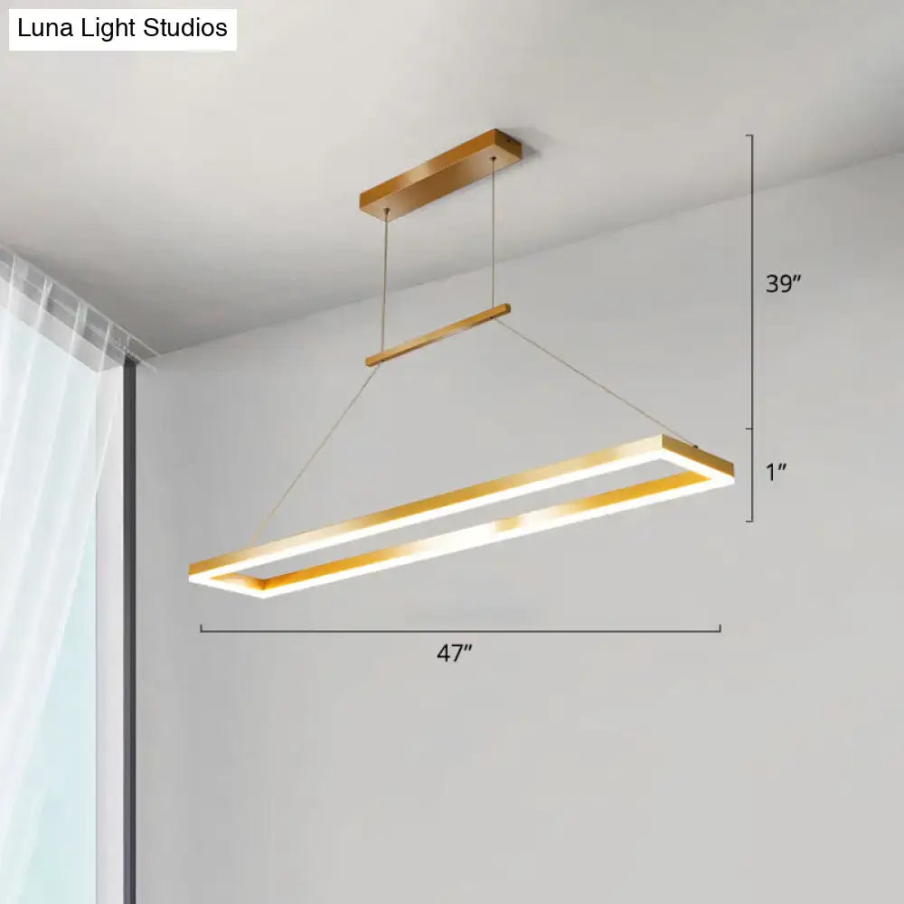 Modern rectangular pendant light with gold metal frame and linear led illumination for metal island ceiling use