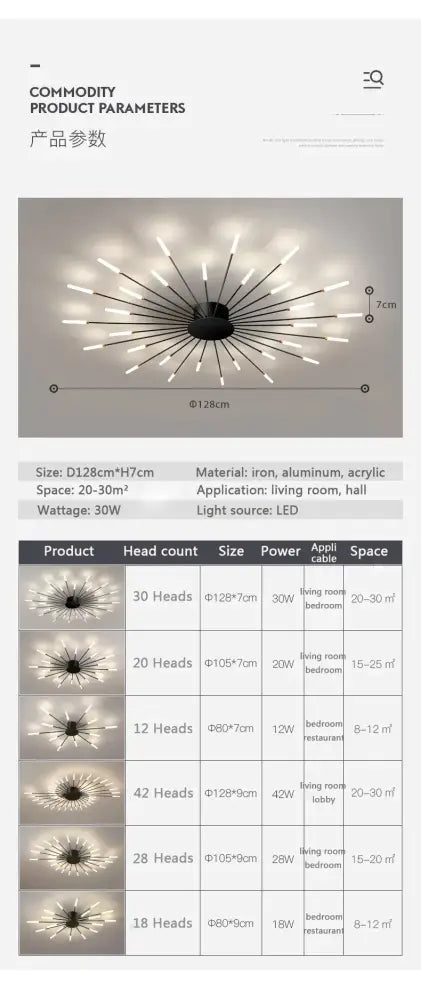 Black nordic led chandelier with multiple light heads on iron base ideal for modern living room led ceiling lighting