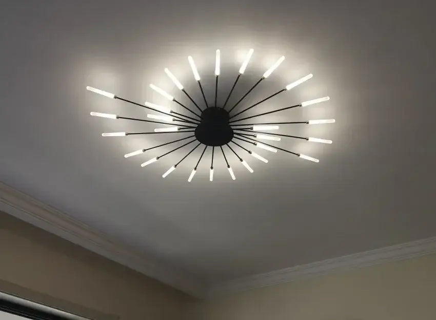 DecorBites™ sleek nordic led chandelier with black hub and white led rods for modern living room ceiling lighting