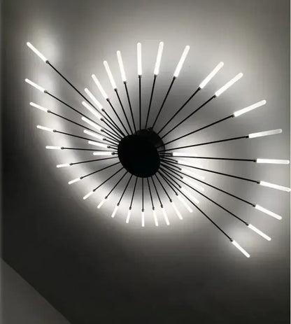 DecorBites™ sleek Nordic LED chandelier with black sunburst design and glowing white LED rods for living room ceiling
