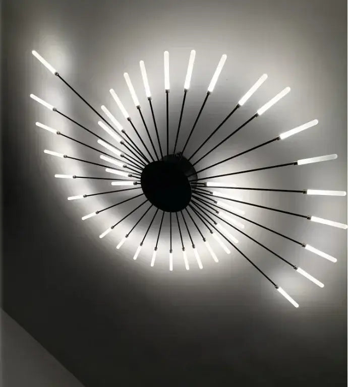 DecorBites™ sleek Nordic LED chandelier with black sunburst design and glowing white LED rods for living room ceiling