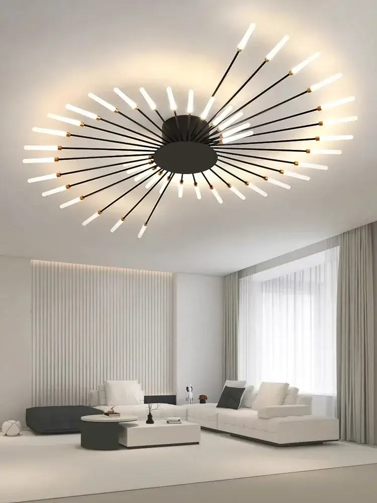 DecorBites™ sleek nordic led chandelier with black and white starburst rods for modern living room ceiling light