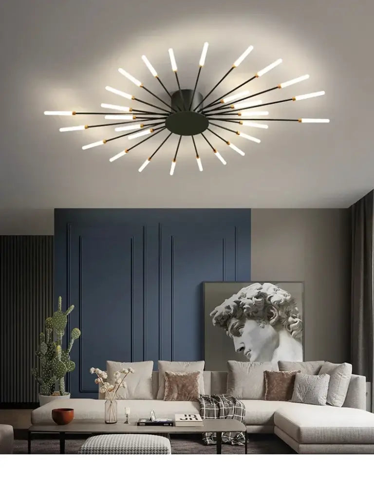 DecorBites sleek nordic led chandelier in black and white with slender rods for modern living room led ceiling lighting