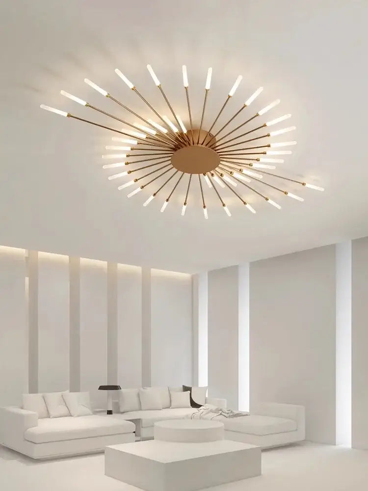 DecorBites™ sleek nordic led chandelier with gold-toned rods and frosted glass bulbs for modern living room ceiling light