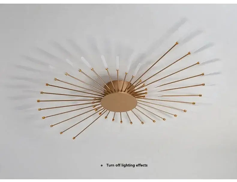 DecorBites™ sleek nordic led chandelier gold-toned sunburst ceiling light with slender metallic rods for living room use