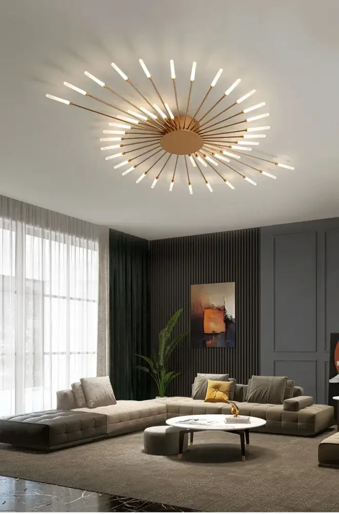 DecorBites™ sleek nordic led chandelier with gold-toned rods and frosted bulbs for modern living room ceiling light