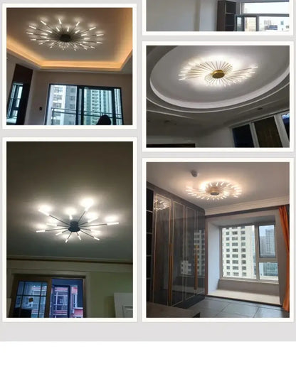 DecorBites™ sleek nordic led chandelier with metallic starburst design and warm white led bulbs for living room ceiling