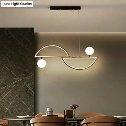 Decorbites sleek semi-circle island light fixture with black metal frame and two glowing opal glass bulbs ceiling light
