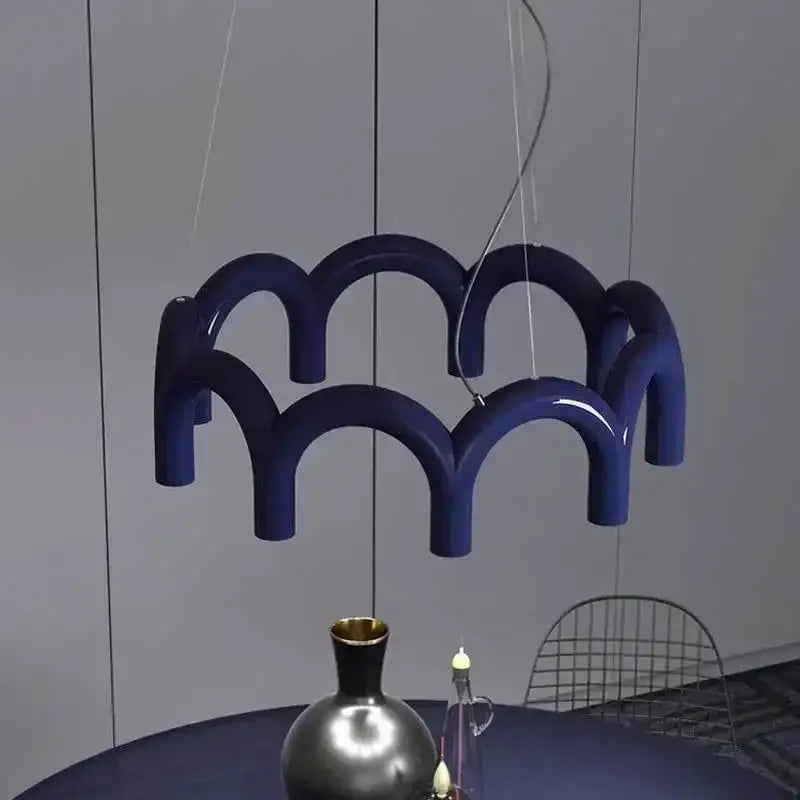 Deep blue glossy finished modern u-shaped chandelier with sculptural wave design for bedroom and kitchen use