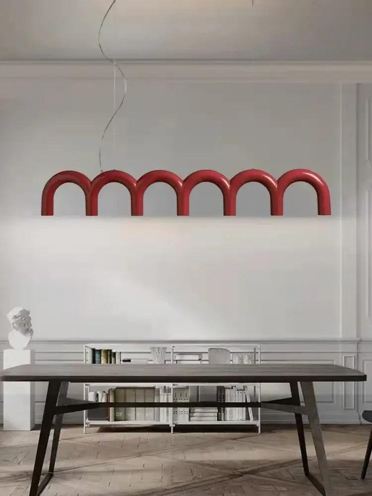 Red curved arch-shaped decorbites™ sleek u-shaped chandelier in metal for modern bedroom and kitchen lighting