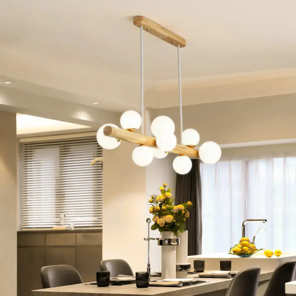 DecorBites sleek wooden LED ceiling light with cream glass shade and natural wood bar for dining room illumination