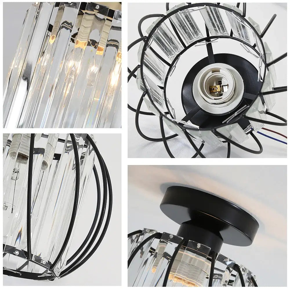 DecorBites™ small metal cage ceiling light with black metal frame and clear faceted crystal rods light fixture