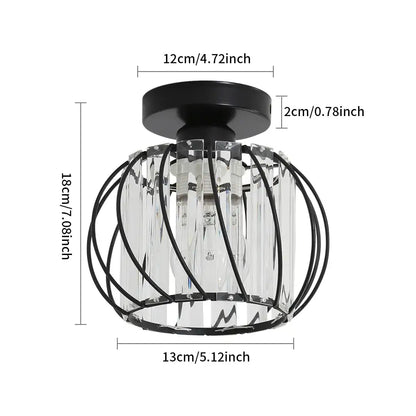 DecorBites™ small metal cage farmhouse ceiling light in black metal and clear crystal with a modern cage design