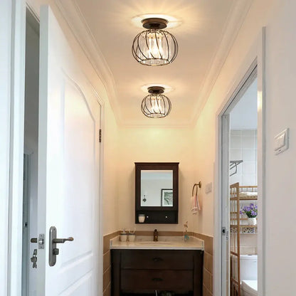 Decorbites small metal cage farmhouse ceiling light with dark metal frame and clear crystal accents pendant light fixture