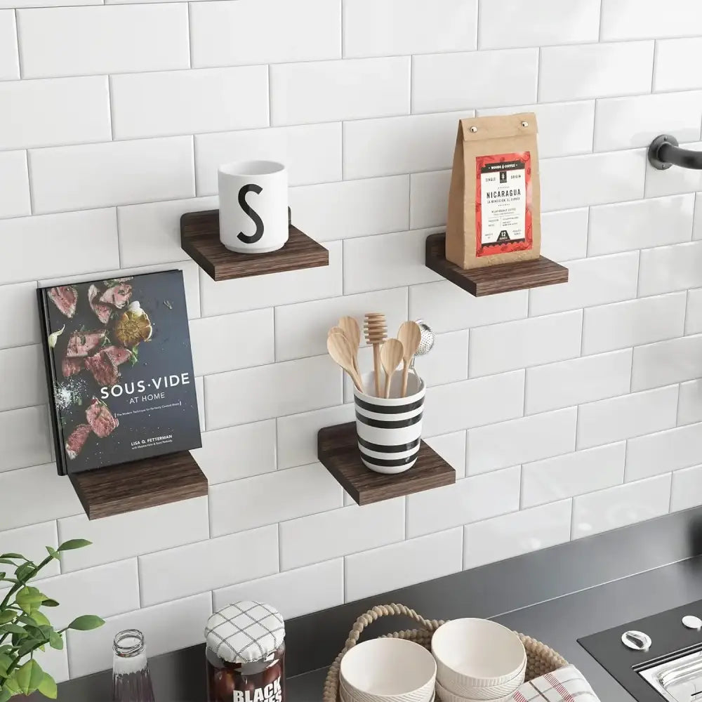 Decorbites™ 4-pack small floating dark wood shelves mounted on a white tiled wall for versatile storage