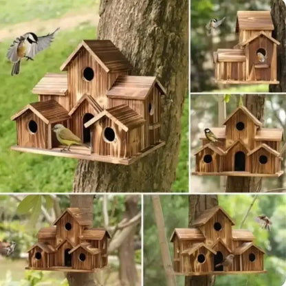 Decorbites™ small wooden hanging bird house with rustic natural finish and multiple entry holes for hanging bird use