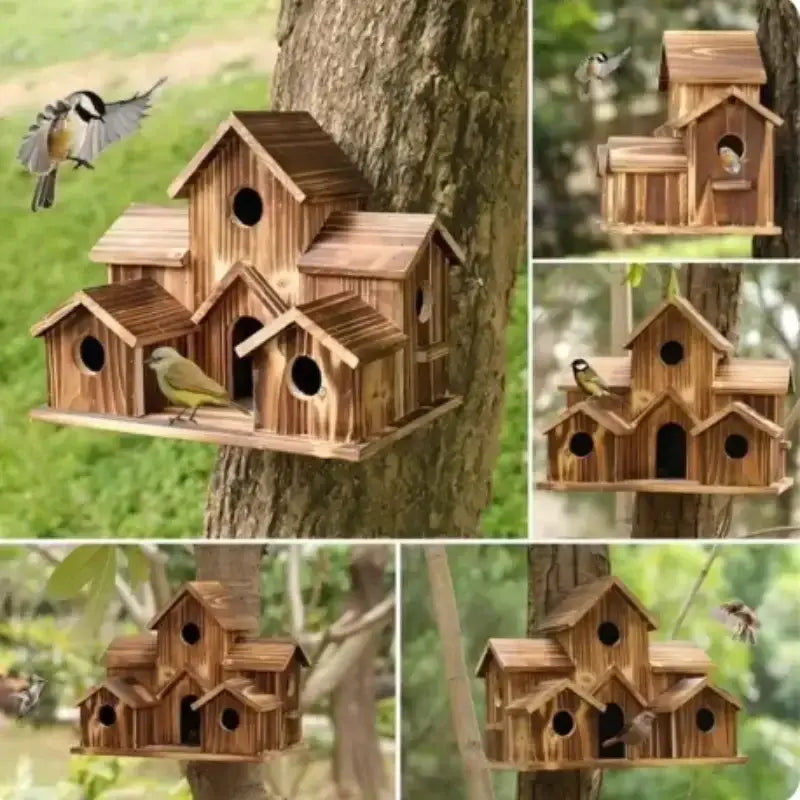 Decorbites™ small wooden hanging bird house with rustic natural finish and multiple entry holes for hanging bird use