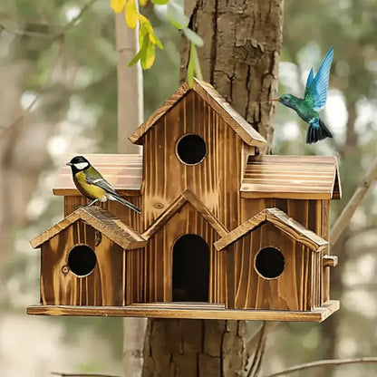 DecorBites™ small wooden hanging bird house with multi compartments natural finish and varied entry holes