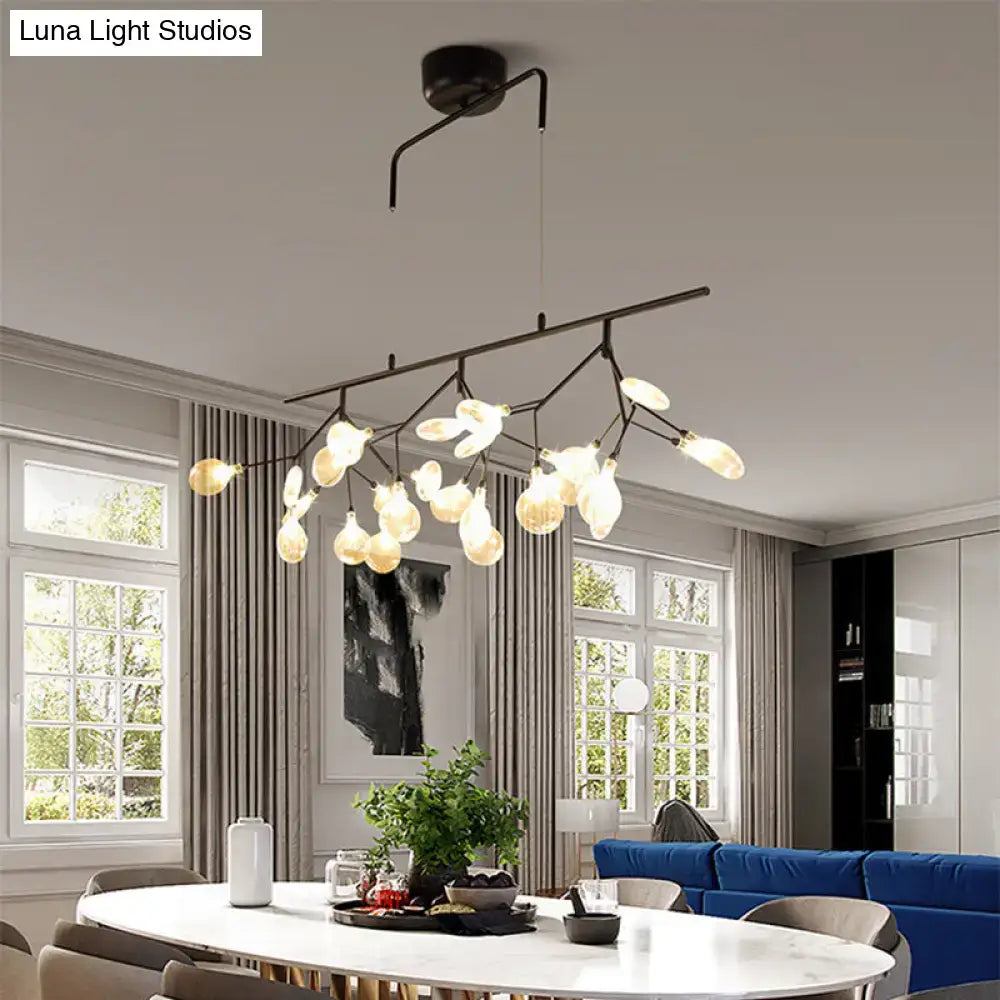 Black metal chandelier with multiple frosted smoke grey glass bulb shades for dining room lighting fixture