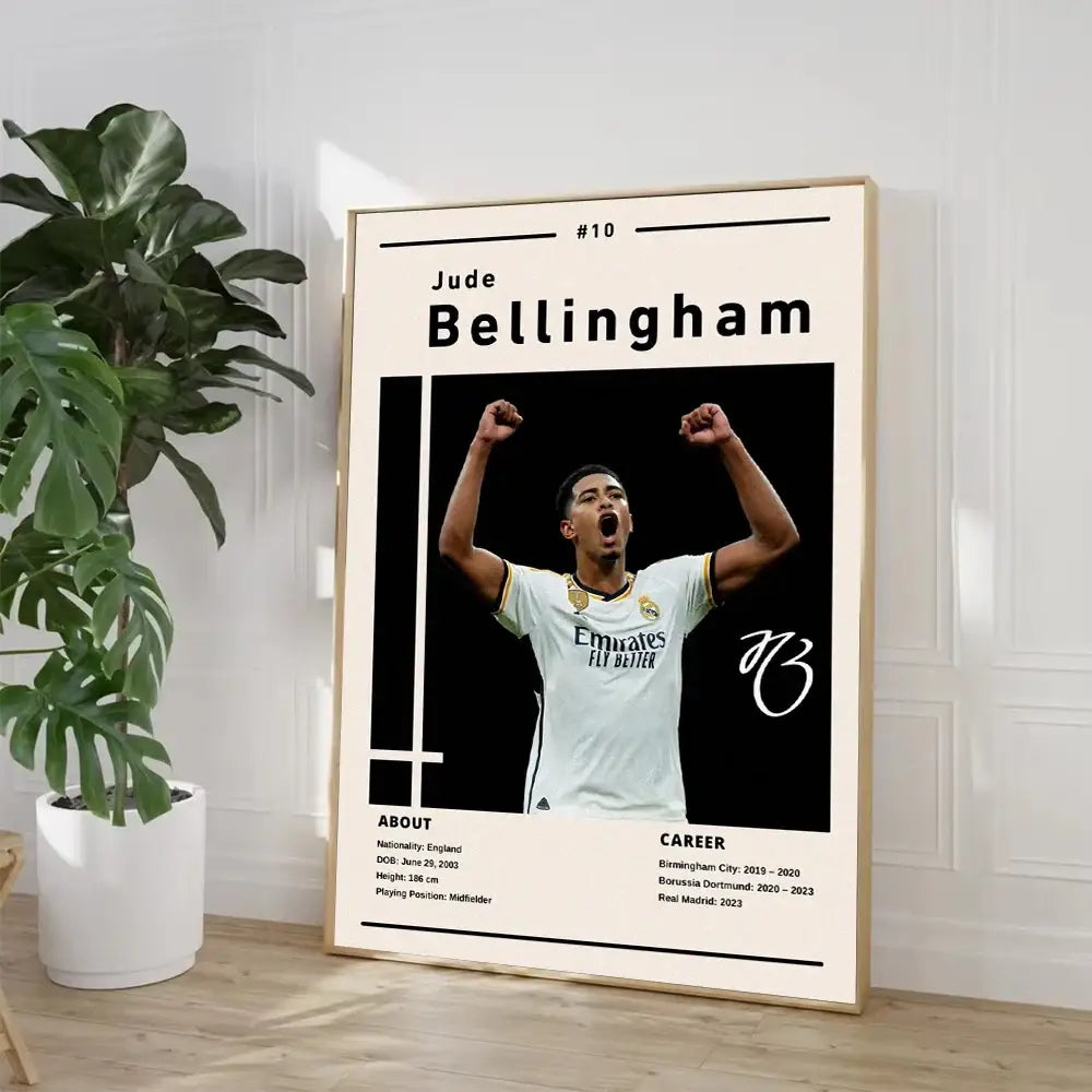 A framed DecorBites™ canvas wall art of soccer star jude bellingham in a white Real Madrid jersey with signature and career details