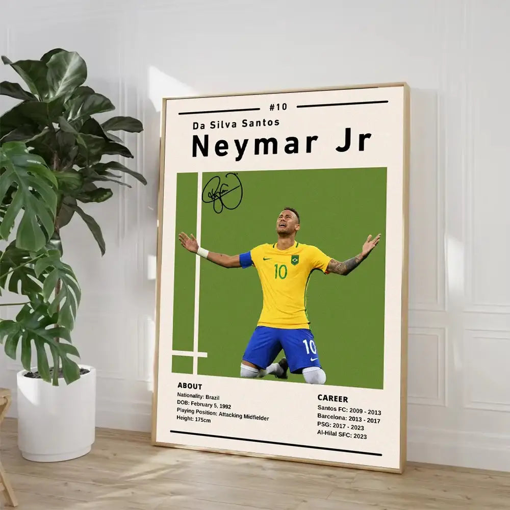A framed DecorBites soccer star ronaldo canvas wall art featuring neymar jr in vibrant colors for home decor