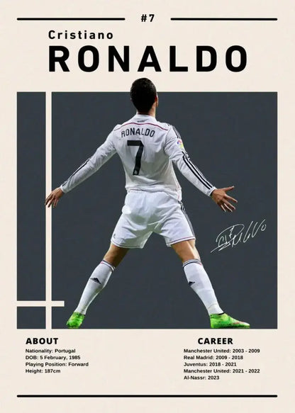 Decorbites™ soccer star ronaldo canvas wall art featuring a white jersey with black trim and real madrid crest on sleeve