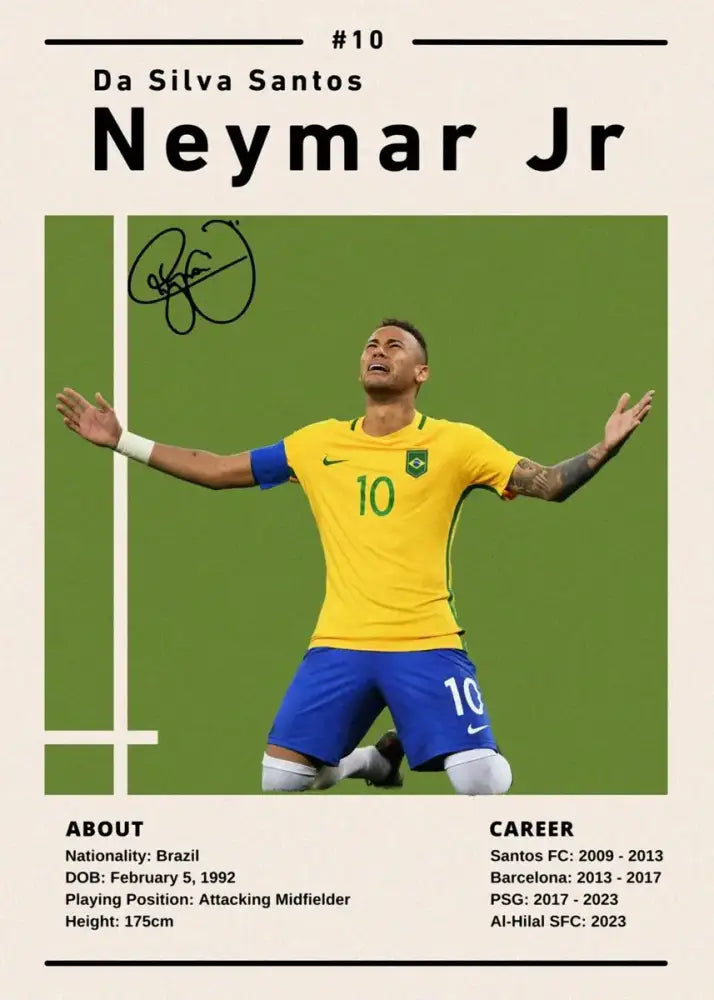Decorbites™ soccer star ronaldo canvas wall art featuring a yellow and blue brazil jersey with number 10 and nike logo