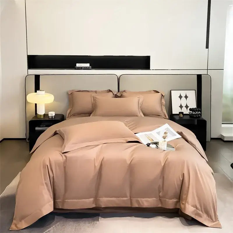 Beige satin soft egyptian cotton bedding set with 1000tc duvet cover fitted sheet and matching pillows by decorbites