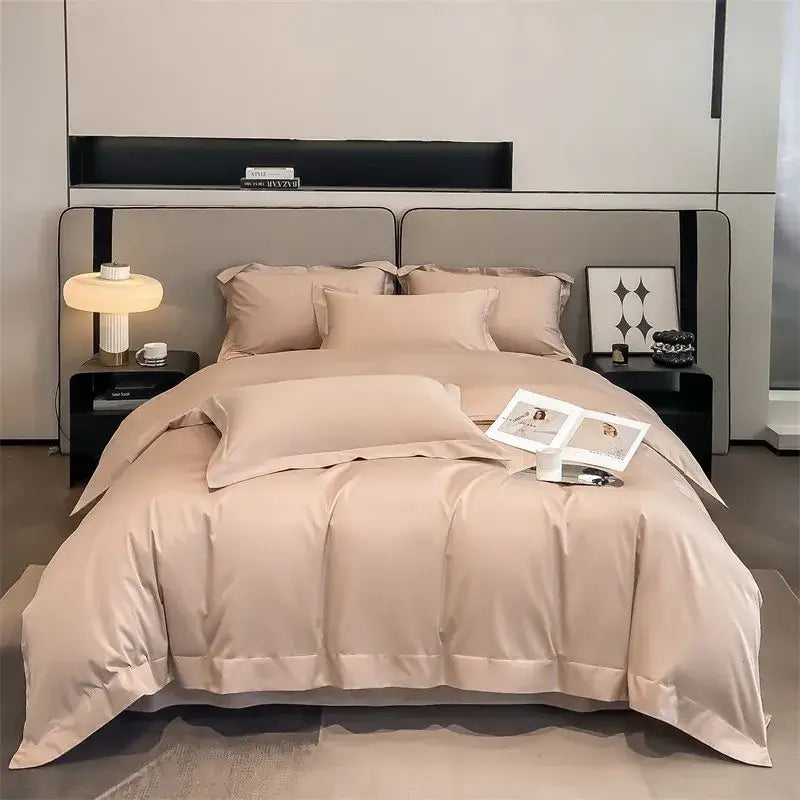 Beige satin DecorBites™ soft Egyptian cotton bedding set with duvet cover fitted sheet and luxurious smooth finish