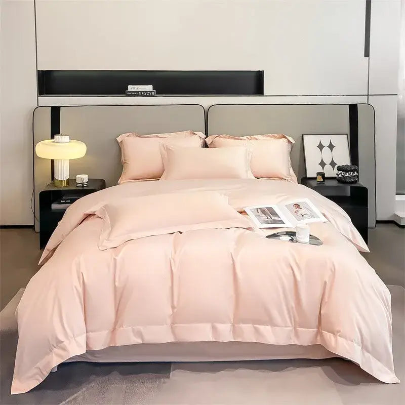 DecorBites™ soft Egyptian cotton duvet cover set in blush pink with elegant stitched detailing and smooth satin finish