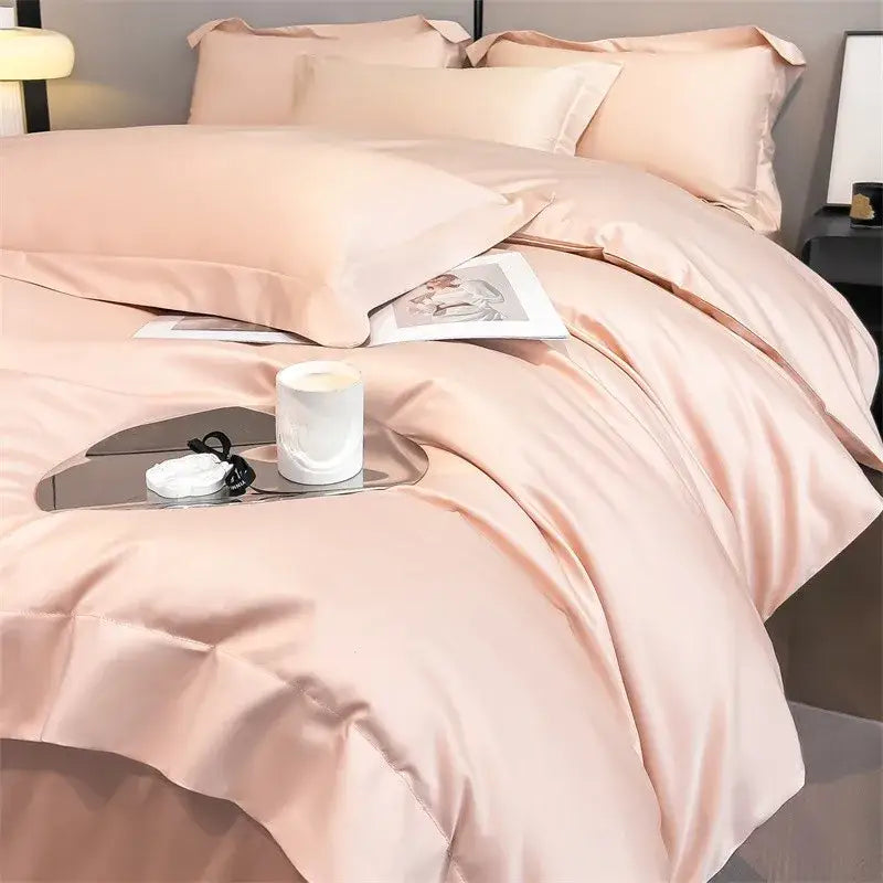 Decorbites soft egyptian cotton duvet cover set in blush pink satin with fitted sheet featuring smooth luxurious texture