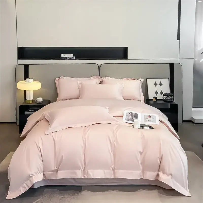 DecorBites™ soft Egyptian cotton duvet cover set in blush pink satin with subtle sheen and elegant stitched detailing