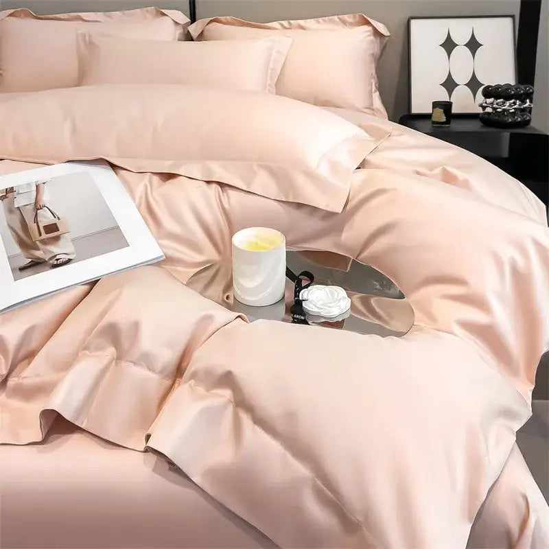 Blush pink satin duvet cover and fitted sheet from decorbites™ soft egyptian cotton bedding set 1000tc