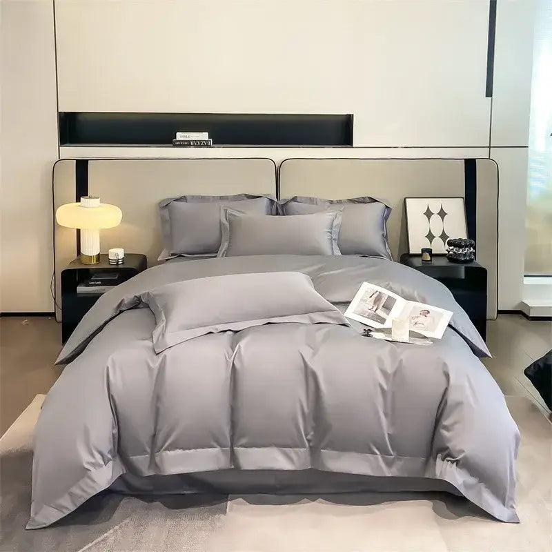 Gray satin-like decorbites™ soft egyptian cotton bedding set with duvet cover pillows and fitted sheet 1000tc