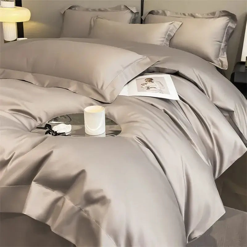 Silk-gray satin duvet cover set with pleated edges from decorbites soft egyptian cotton 1000tc bedding set