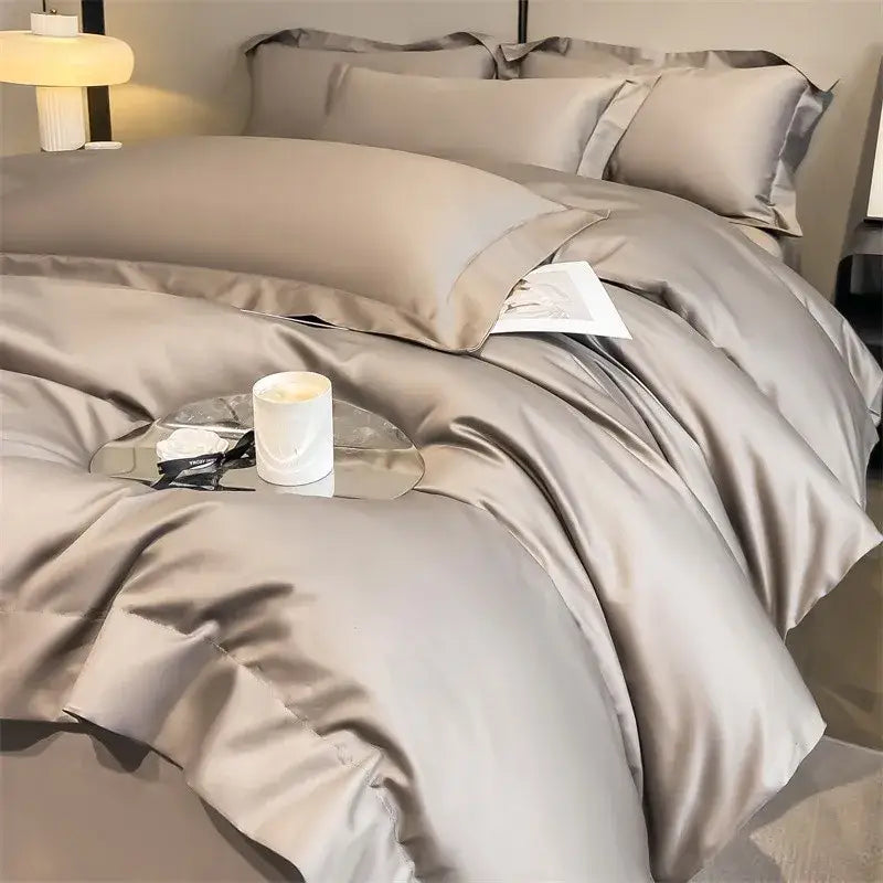 Silk-gray satin duvet cover and fitted sheet set with matching pillows from decorbites soft egyptian cotton bedding set 1000tc