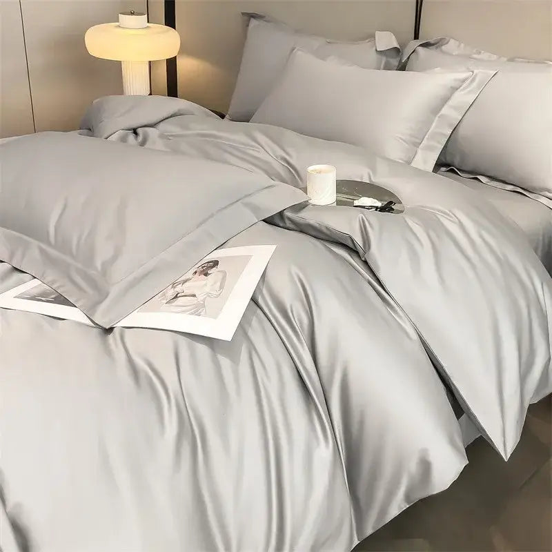 Silk-gray satin duvet cover and fitted sheet from decorbites soft egyptian cotton bedding set 1000tc with smooth finish