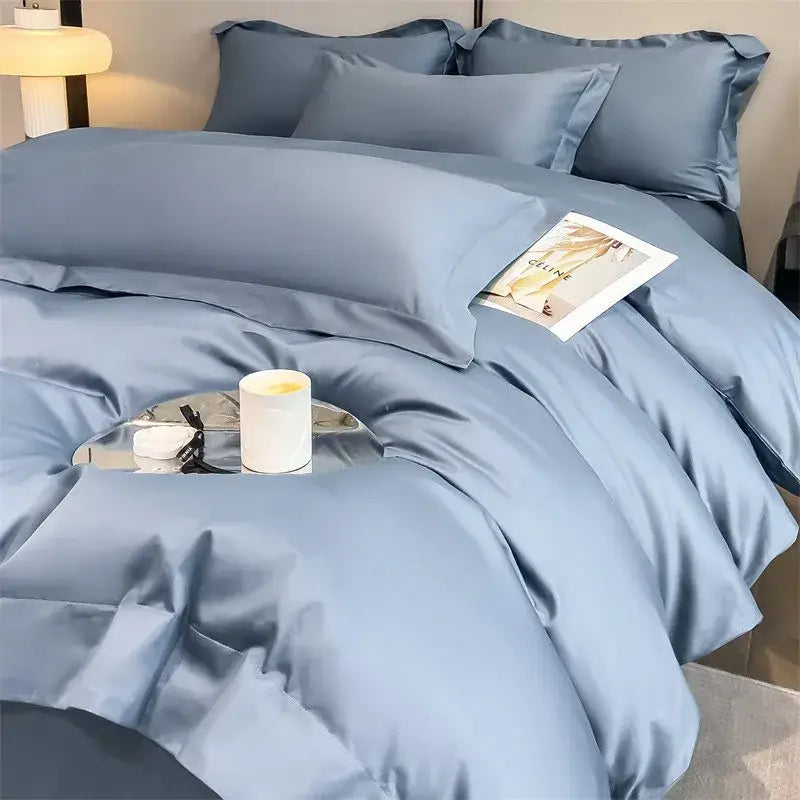 Decorbites™ soft egyptian cotton bedding set in silk-like blue satin with glossy duvet cover and fitted sheet pieces