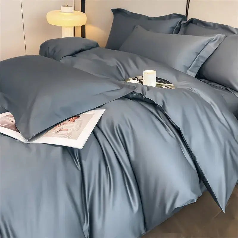 Decorbites soft egyptian cotton bedding set in gray satin finish with duvet cover fitted sheet and matching pillows