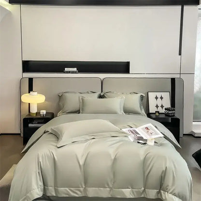 Sleek sage green satin duvet cover and fitted sheet in DecorBites™ soft Egyptian cotton 1000TC bedding set