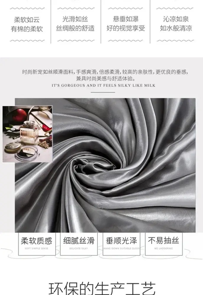 Silky silver satin bed sheet and duvet cover with lustrous finish and gentle folds for width bed by decorbites luxury set