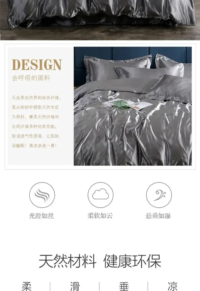 Silky silver satin decorbites soft and elegant luxury bedding set with glossy duvet cover and smooth bed sheet for width bed